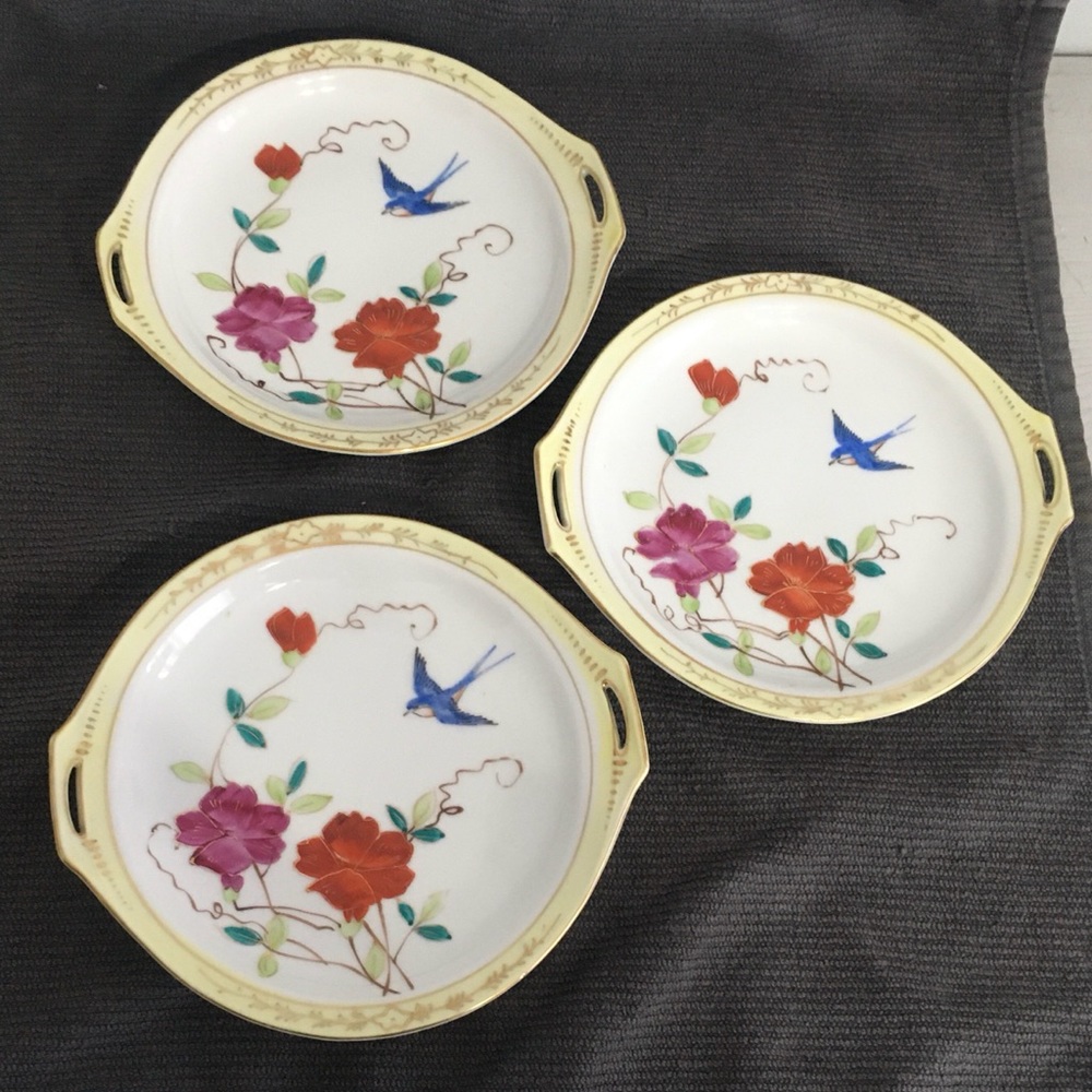 3 Antique Meito Handpainted Nippon 6” Dessert Children’s Cake Plates